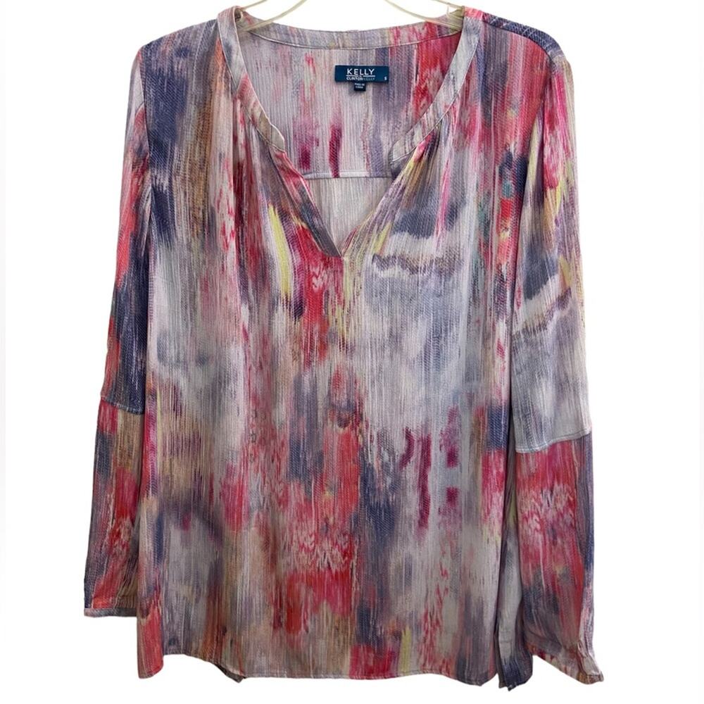 NWT Boho Tunic Top Hippie Clinton Kelly Watercolor Split Neck / V-neck Shirt S !